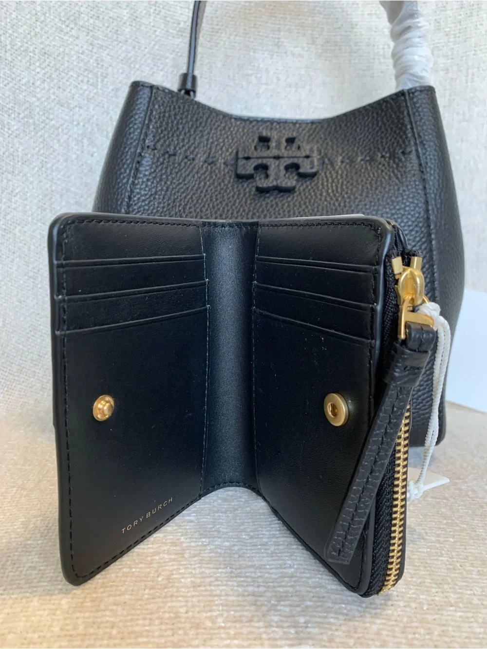 Tory Burch Mcgraw Black Pebbled Leather Small Bucket Tote Bag + Bi-fold Wallet